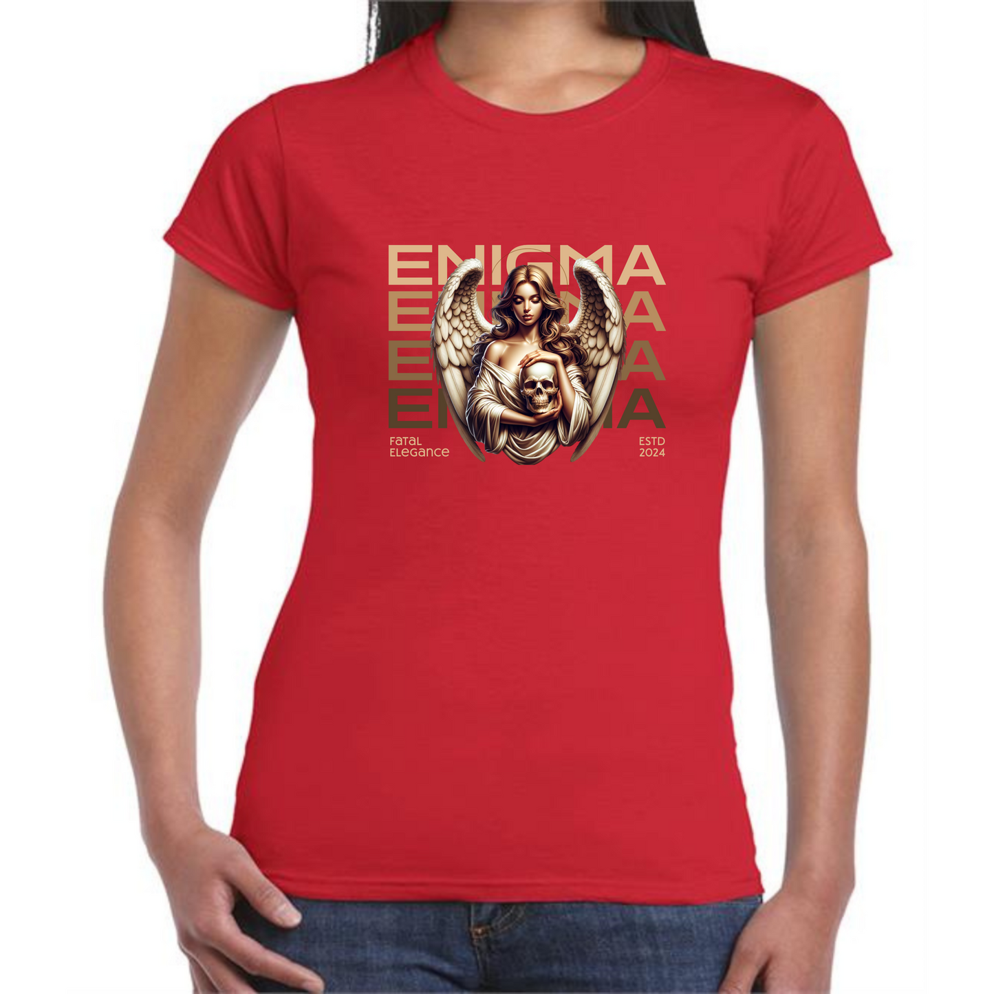 Enigma T-Shirt | Woman with Angel Wings & Skull Design