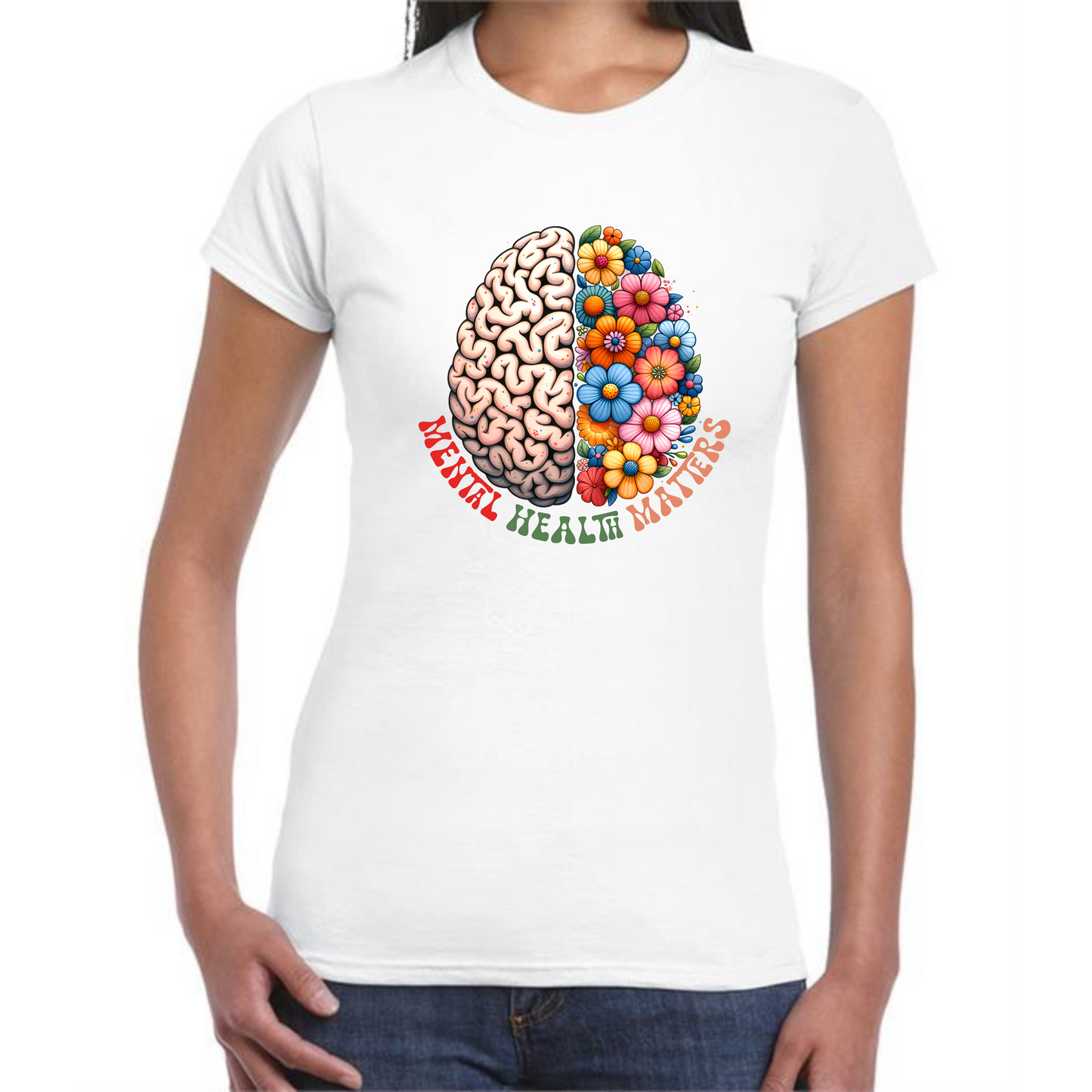 Mental Health Matters T-Shirt | Brain and Flowers Design