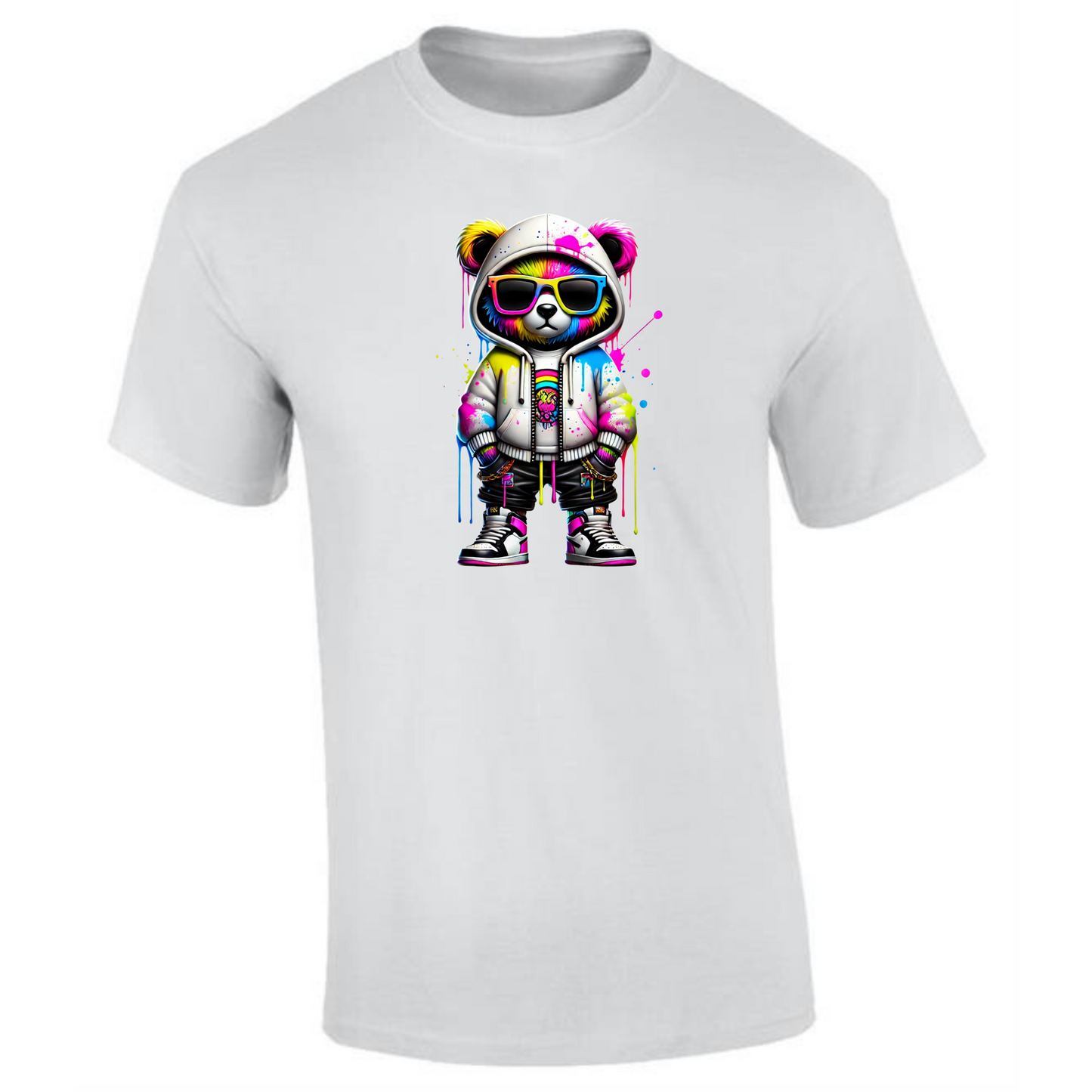 Teddy Bear T-Shirt | Neon Hands-in-Pockets Style for Men