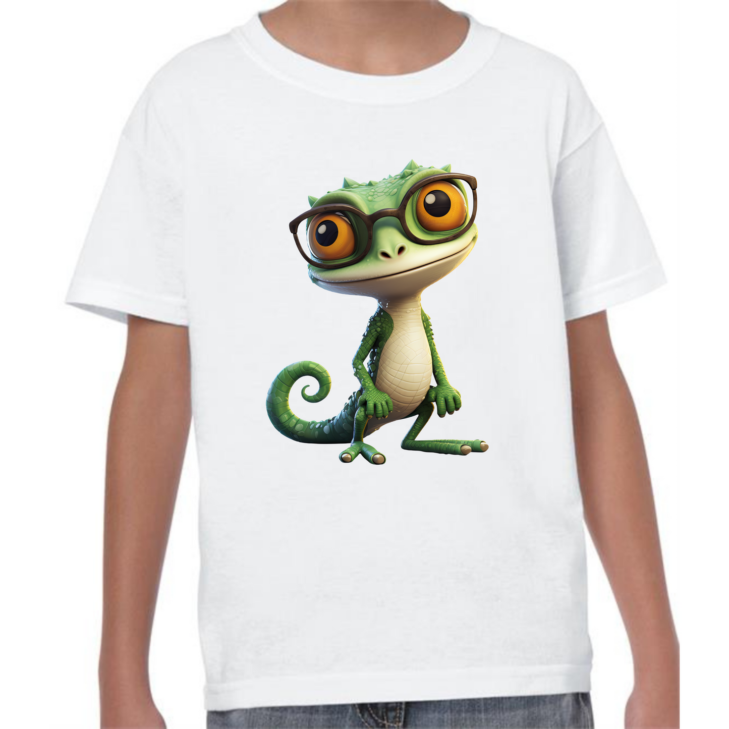 Kids' Cute Green Gecko with Glasses T-Shirt – Fun & Smart Design