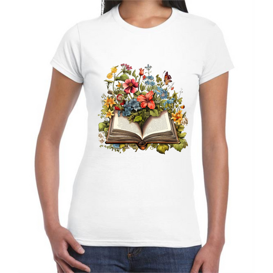 Botanical Antique Book T-Shirt | Floral Open Book Design