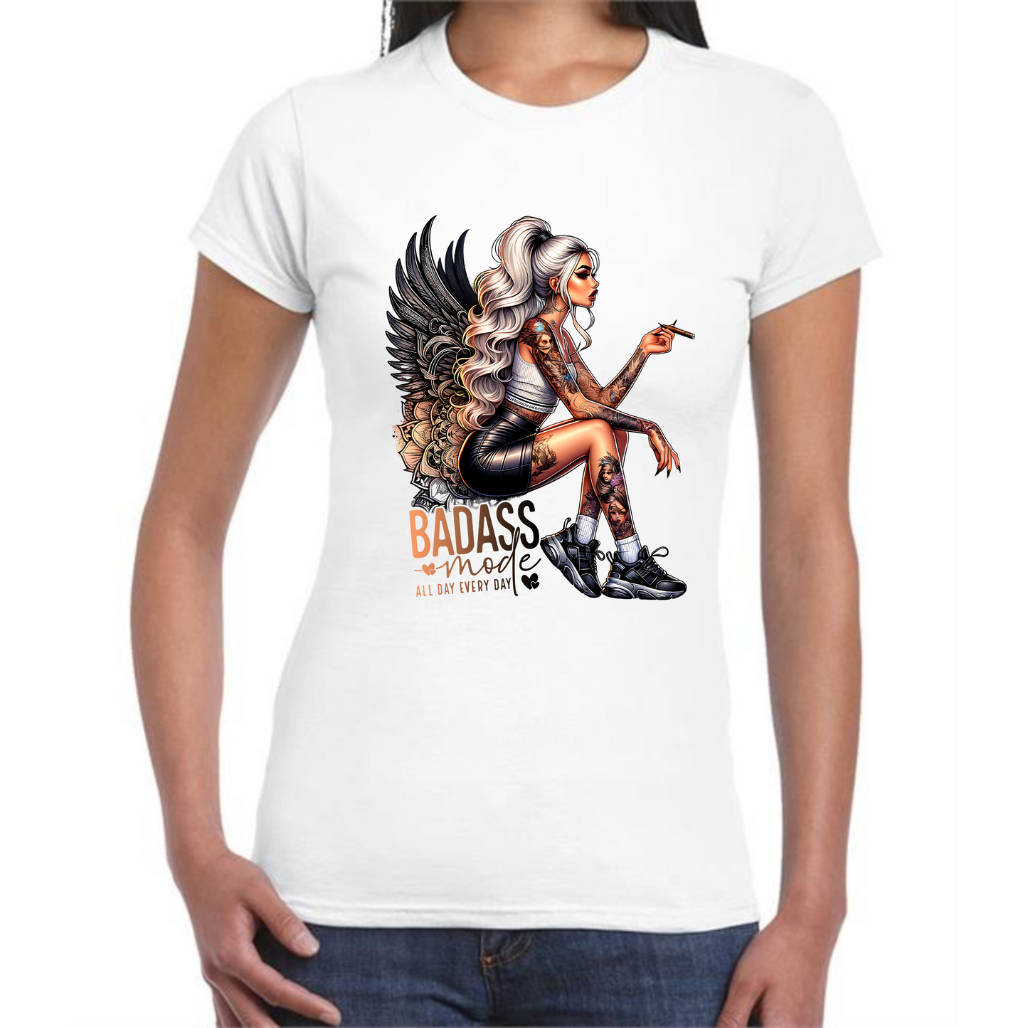 Badass Mode T-Shirt | Blonde Woman with Tattoos & Angel Wings - Style Quest Fashion