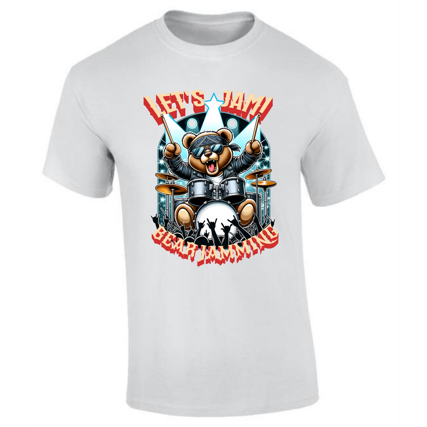 Let’s Jam Bear T-Shirt | Rocker Bear Drummer Design – Premium Tee