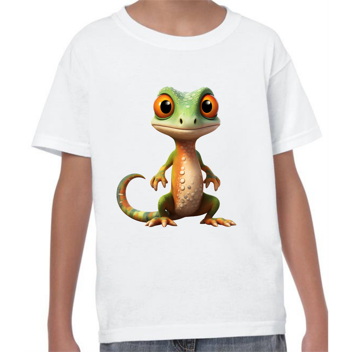 Kids' Cute Green & Orange Gecko T-Shirt – Vibrant & Fun Style