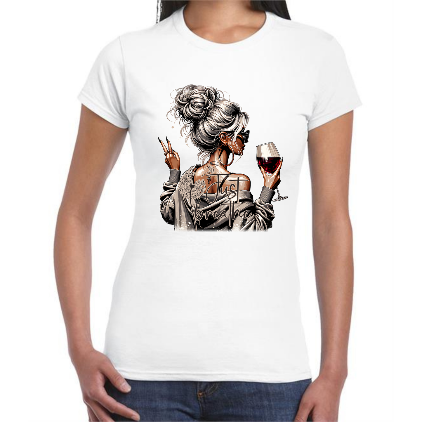 Just Breathe Girl T-Shirt | Blonde Woman with Red Wine Design