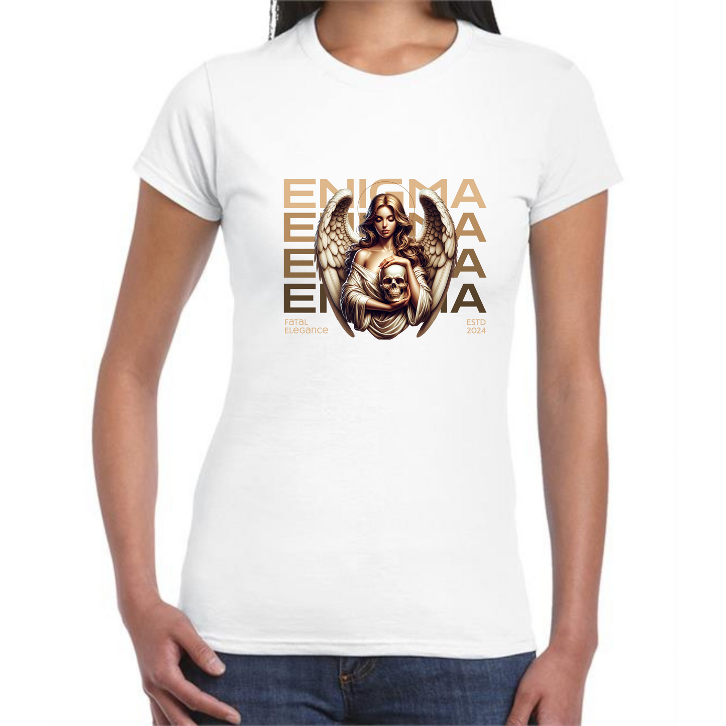 Enigma T-Shirt | Woman with Angel Wings & Skull Design